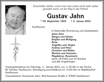 Traueranzeige von Gustav Jahn von Allgäuer Zeitung, Kaufbeuren/Buchloe