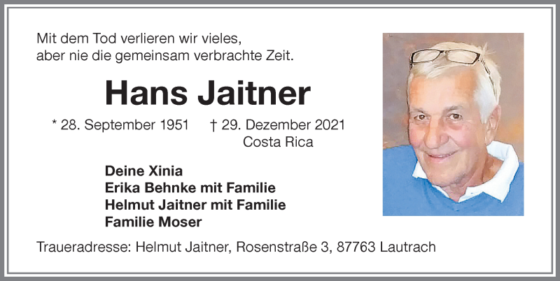  Traueranzeige für Hans Jaitner vom 12.01.2022 aus Memminger Zeitung