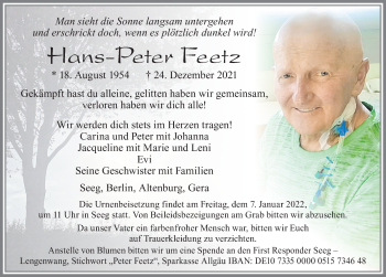Traueranzeige von Hans-Peter Feetz von Allgäuer Zeitung, Marktoberdorf