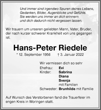 Traueranzeige von Hans-Peter Riedele von Memminger Zeitung