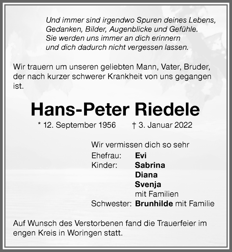  Traueranzeige für Hans-Peter Riedele vom 13.01.2022 aus Memminger Zeitung