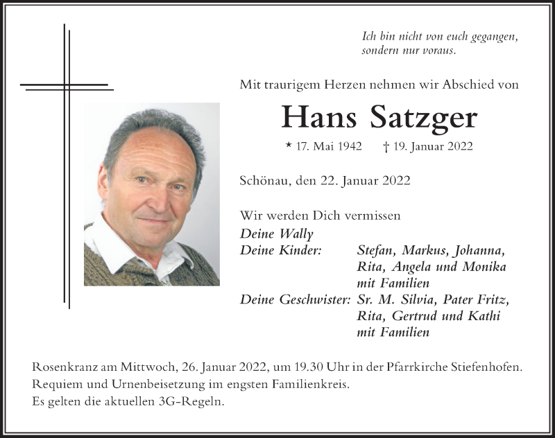  Traueranzeige für Hans Satzger vom 22.01.2022 aus Der Westallgäuer