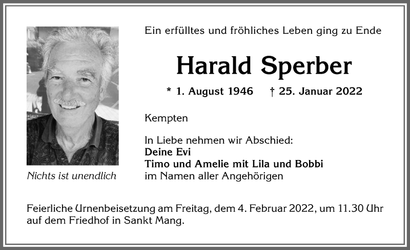  Traueranzeige für Harald Sperber vom 29.01.2022 aus Allgäuer Zeitung,Kempten