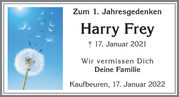 Traueranzeige von Harry Frey von Allgäuer Zeitung, Kaufbeuren/Buchloe