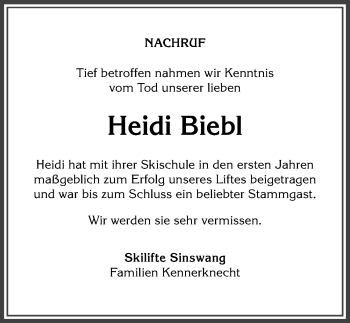 Traueranzeige von Heidi Biebl von Allgäuer Anzeigeblatt