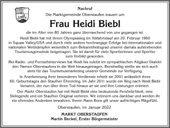 Traueranzeige von Heidi Biebl von Allgäuer Anzeigeblatt