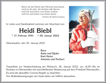 Traueranzeige von Heidi Biebl von Allgäuer Anzeigeblatt
