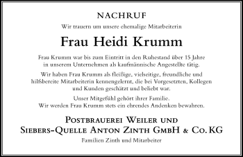 Traueranzeige von Heidi Krumm von Der Westallgäuer