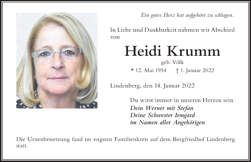  Traueranzeige für Heidi Krumm vom 14.01.2022 aus Der Westallgäuer
