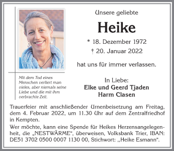 Traueranzeige von Heike  von Allgäuer Zeitung,Kempten
