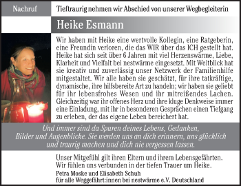 Traueranzeige von Heike Esmann von Allgäuer Zeitung,Kempten