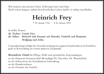 Traueranzeige von Heinrich Frey von Der Westallgäuer