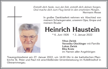 Traueranzeige von Heinrich Haustein von Allgäuer Zeitung, Kaufbeuren/Buchloe
