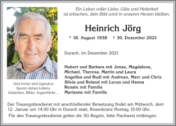 Traueranzeige von Heinrich Jörg von Allgäuer Zeitung,Kempten