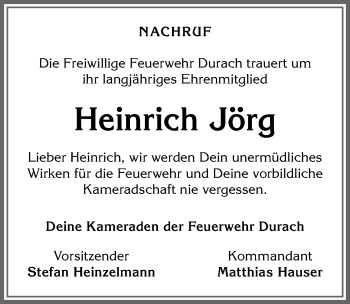 Traueranzeige von Heinrich Jörg von Allgäuer Zeitung,Kempten