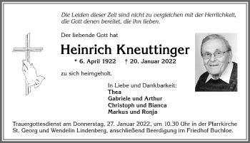 Traueranzeige von Heinrich Kneuttinger von Allgäuer Zeitung, Kaufbeuren/Buchloe
