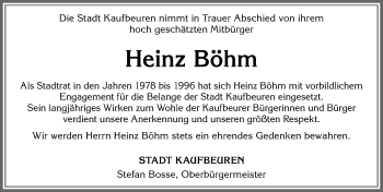 Traueranzeige von Heinz Böhm von Allgäuer Zeitung, Kaufbeuren/Buchloe