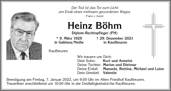 Traueranzeige von Heinz Böhm von Allgäuer Zeitung, Kaufbeuren/Buchloe