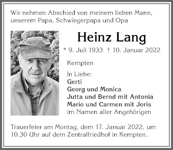 Traueranzeige von Heinz Lang von Allgäuer Zeitung,Kempten