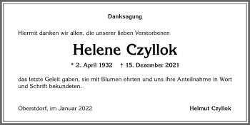Traueranzeige von Helene Czyllok von Allgäuer Anzeigeblatt