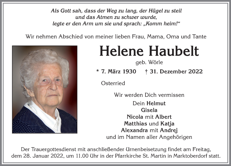  Traueranzeige für Helene Haubelt vom 22.01.2022 aus Allgäuer Zeitung, Marktoberdorf