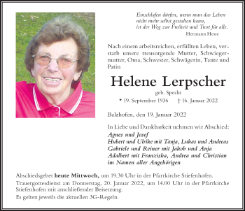 Traueranzeige von Helene Lerpscher von Der Westallgäuer