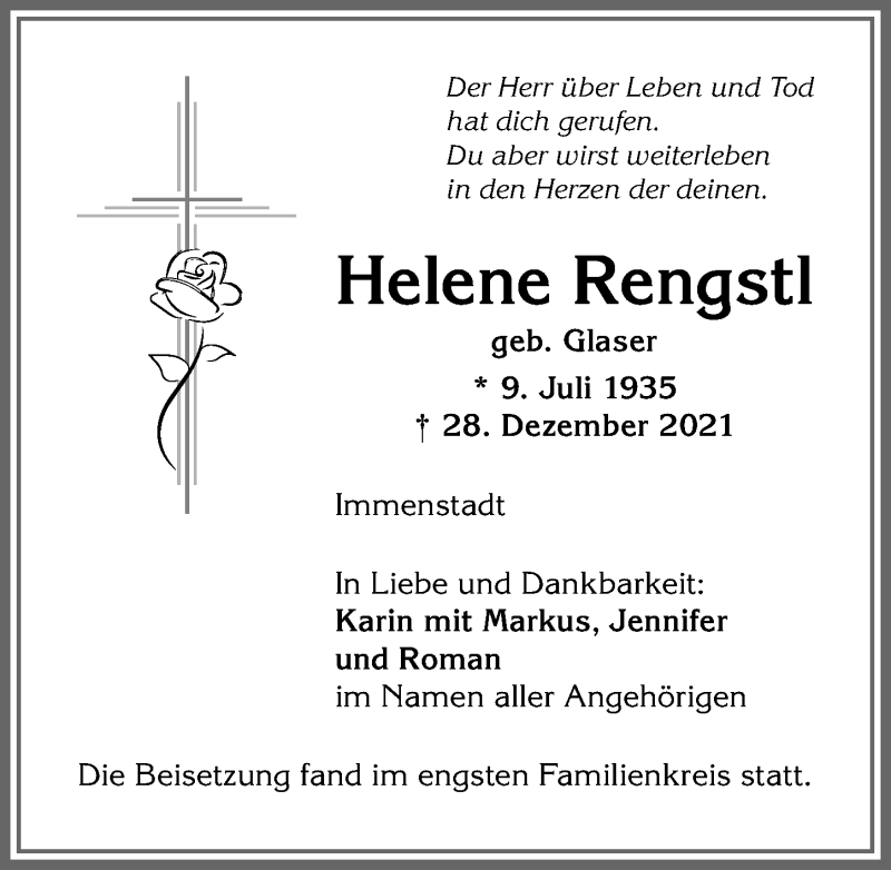  Traueranzeige für Helene Rengstl vom 12.01.2022 aus Allgäuer Anzeigeblatt