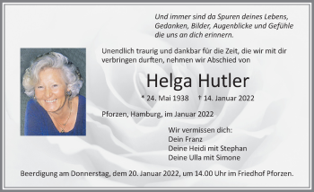 Traueranzeige von Helga Hutler von Allgäuer Zeitung, Kaufbeuren/Buchloe