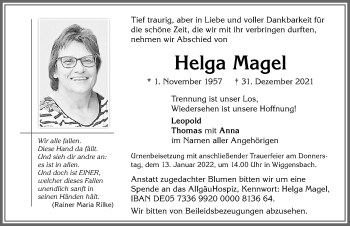 Traueranzeige von Helga Magel von Allgäuer Zeitung,Kempten