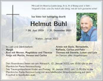 Traueranzeige von Helmut Buhl von Allgäuer Anzeigeblatt