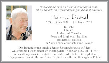 Traueranzeige von Helmut Danzl von Allgäuer Zeitung, Füssen