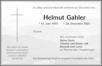 Traueranzeige von Helmut Gahler von Allgäuer Zeitung,Kempten