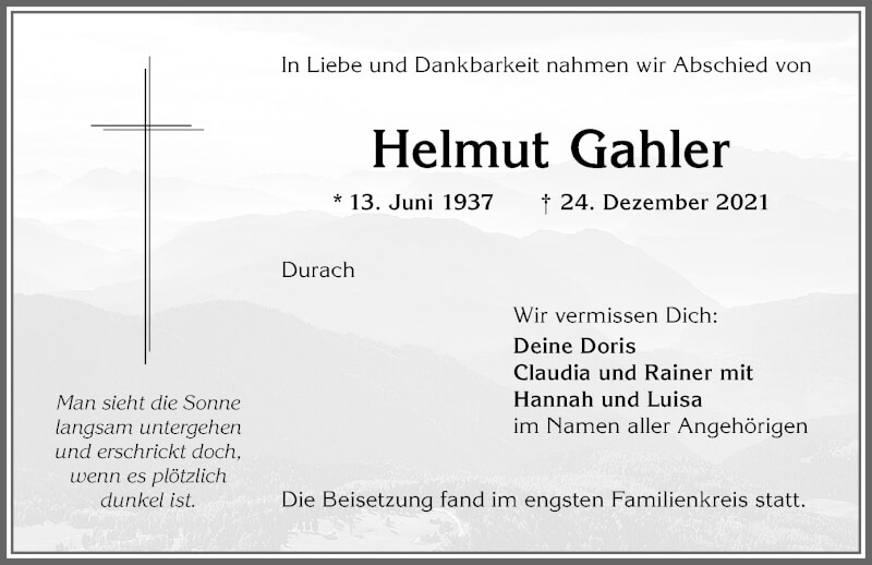  Traueranzeige für Helmut Gahler vom 15.01.2022 aus Allgäuer Zeitung,Kempten