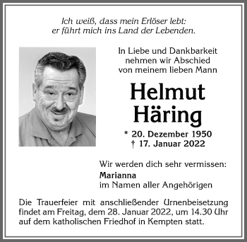 Traueranzeige von Helmut Häring von Allgäuer Zeitung,Kempten