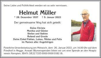 Traueranzeige von Helmut Müller von Allgäuer Zeitung,Kempten