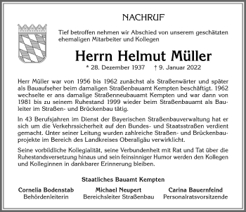 Traueranzeige von Helmut Müller von Allgäuer Zeitung,Kempten