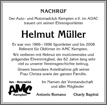 Traueranzeige von Helmut Müller von Allgäuer Zeitung,Kempten