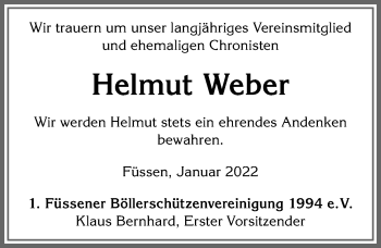 Traueranzeige von Helmut Weber von Allgäuer Zeitung, Füssen