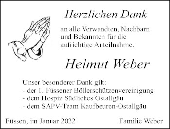 Traueranzeige von Helmut Weber von Allgäuer Zeitung, Füssen
