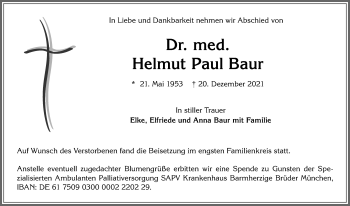 Traueranzeige von Helmut Paul Baur von Allgäuer Zeitung, Kaufbeuren/Buchloe