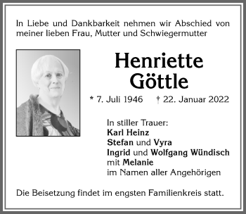 Traueranzeige von Henriette Göttle von Allgäuer Zeitung,Kempten