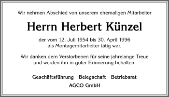 Traueranzeige von Herbert Künzel von Allgäuer Zeitung, Marktoberdorf