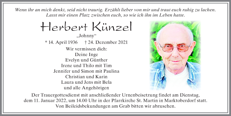  Traueranzeige für Herbert Künzel vom 08.01.2022 aus Allgäuer Zeitung, Marktoberdorf