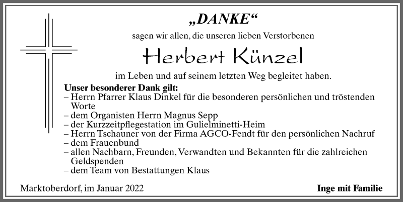  Traueranzeige für Herbert Künzel vom 29.01.2022 aus Allgäuer Zeitung, Marktoberdorf