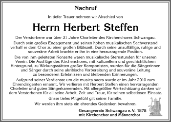 Traueranzeige von Herbert Steffen von Allgäuer Zeitung, Füssen