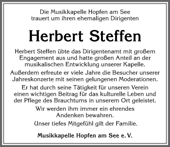 Traueranzeige von Herbert Steffen von Allgäuer Zeitung, Füssen