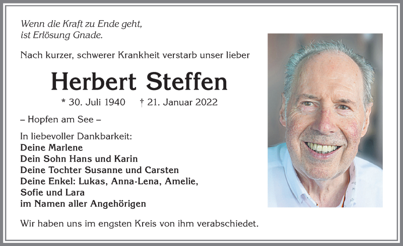  Traueranzeige für Herbert Steffen vom 27.01.2022 aus Allgäuer Zeitung, Füssen