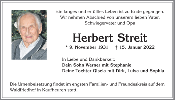 Traueranzeige von Herbert Streit von Allgäuer Zeitung, Kaufbeuren/Buchloe