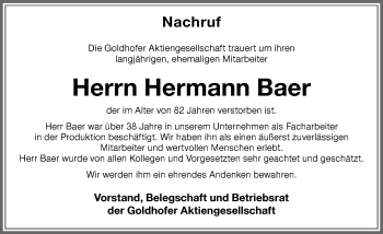 Traueranzeige von Hermann Baer von Memminger Zeitung