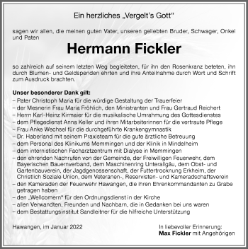 Traueranzeige von Hermann Fickler von Memminger Zeitung